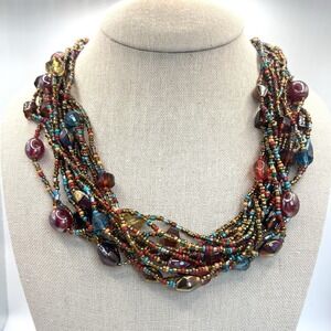 Vintage Bib Necklace Multi Strand Glass Seed Beads Red Blue Gold Boho Adjustable